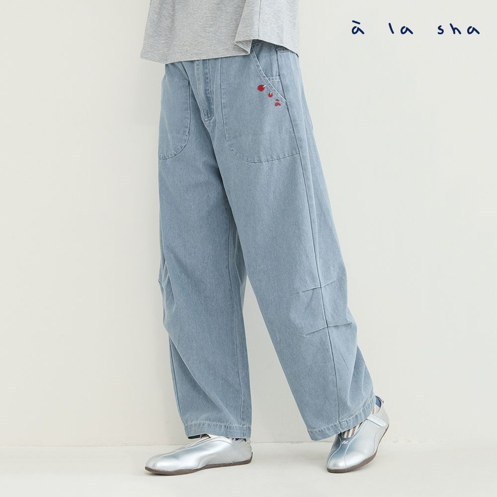 a la sha 俏皮miao造型剪接繭型牛仔褲 (藍)