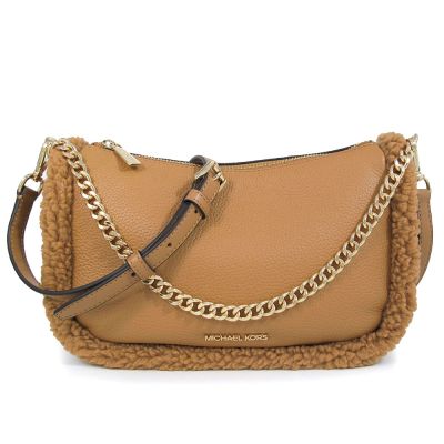 MICHAEL KORS Carmela 金字Logo 鵝卵石紋皮革毛毛滾邊手提/肩斜兩用包(小鹿棕)