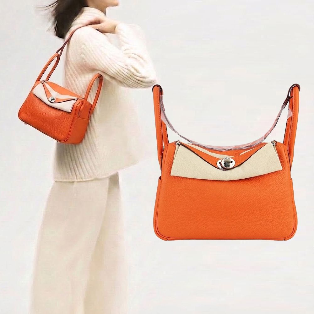 HERMES 愛馬仕 Lindy 26CM Swift/Epsom 牛皮轉釦手提/肩背兩用包(Z刻/9J 火焰橘/銀扣)