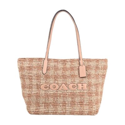 COACH City系列 經典LOGO大草編托特包(卡其粉)