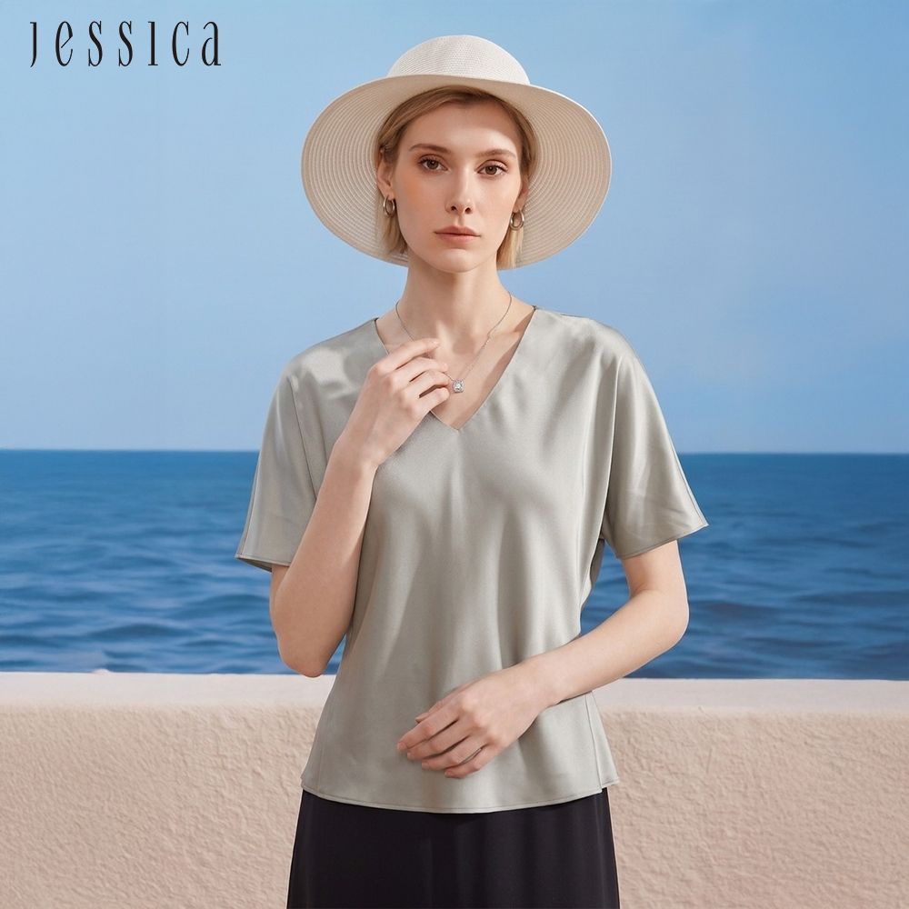 JESSICA - 百搭簡約V領素色蠶絲短袖上衣（灰）J63304