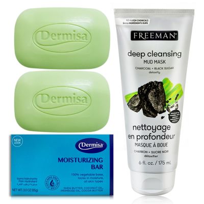 Dermisa 升級版美國超級保濕淡斑皂2入+Freeman 木炭黑糖狠清粉刺黑泥膜★潔顏 淡斑 美白 保濕