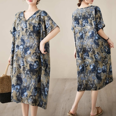 AKARA 涼感 棉麻 大碼 清質感棉麻塗彩洋裝 3XL可(涼感 棉麻 中大尺碼)