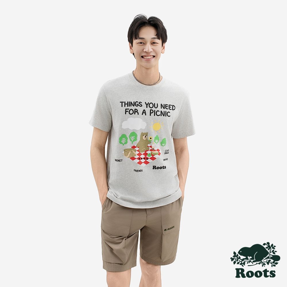 Roots男裝-PICNIC AT THE PARK  短袖上衣-白麻灰