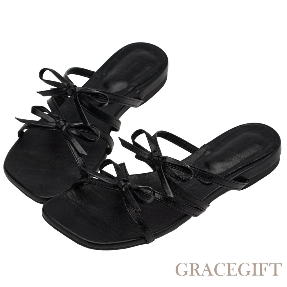 【Grace Gift】韓系雙蝴蝶結細帶平底拖鞋 黑