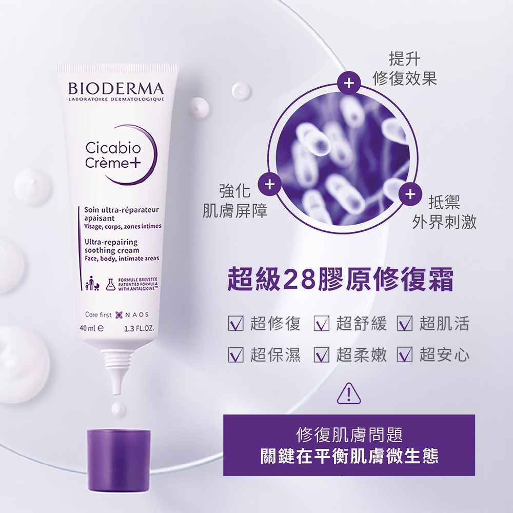 BIODERMALABORATOIRE DERMATOLOGIQUECicabioCrème提升修復效果Soin ultraréparateurapaisantVisage, corps, zones intimesUltra-repairingsoothing creamFace, body, intimate areasFORMULE PATENTED FORMULAWITH 強化肌膚屏障+ 抵禦外界刺激超級28膠原修復霜Care first  AOS40 ml e1.3 FL.OZ. 超修復  超舒緩超肌活 超保濕 超柔嫩超安心修復肌膚問題關鍵在平衡肌膚微生態