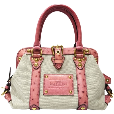 LOUIS VUITTON路易威登 【Louis Vuitton 路易威登 】M92385 經典限量粉紫色鴕鳥皮拚色麻布手提包(絕版展示品)