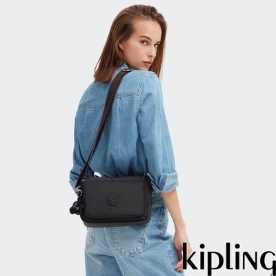 Kipling 曜岩黑品牌經典圓標多層隨身斜背包-ABANU M