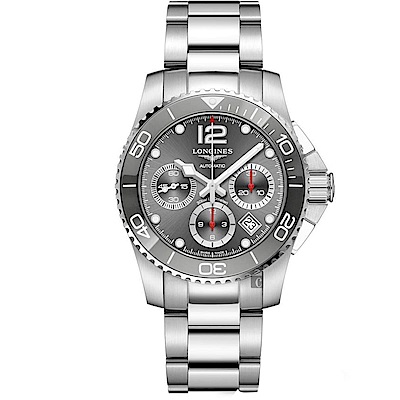LONGINES 浪琴官方授權深海征服者浪鬼陶瓷計時潛水機械錶-灰x銀/41mm