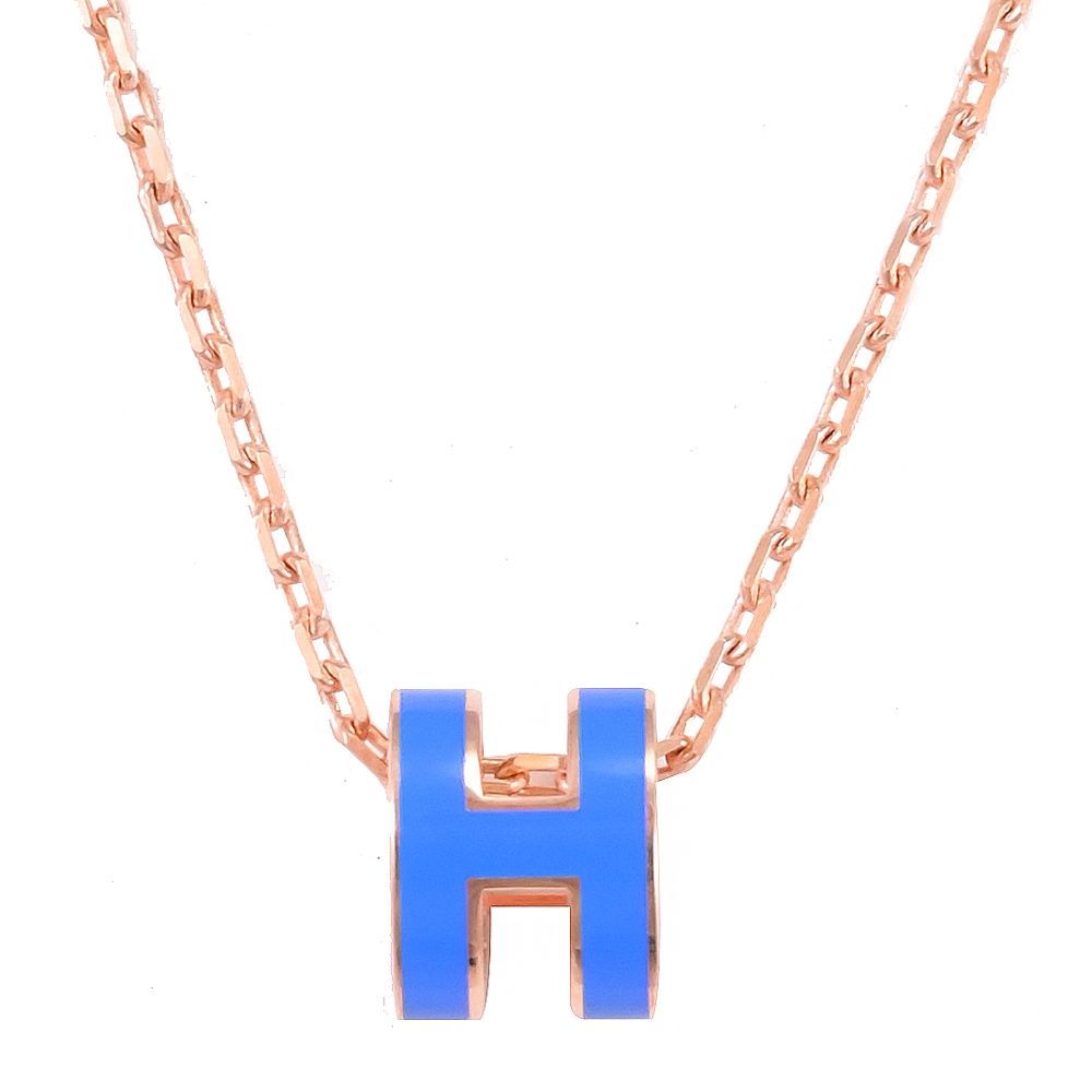 HERMES MINI POPH 經典鏤空橢圓H飾鎖骨項鍊(玫瑰金/藍)