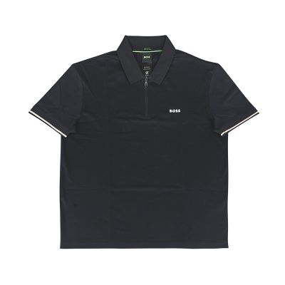 BOSS經典印花LOGO棉質Philix Pima拉鍊開口條紋短袖POLO衫(男/黑)