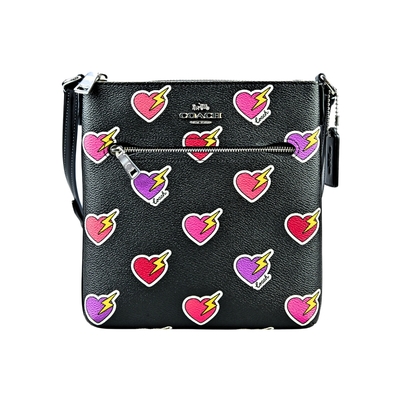 COACH Mini Rowan黑底三色愛心印花PVC黑邊前拉鍊袋方扁斜背包