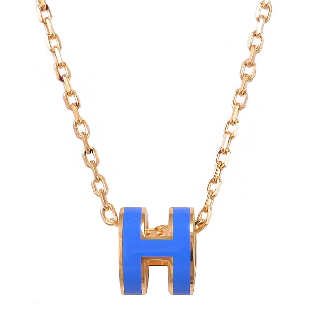 HERMES MINI POPH 經典鏤空橢圓H飾鎖骨項鍊(金/靛藍)