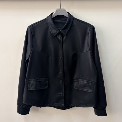 T2R-正韓空運-翻領皮革束口 / 圓領拼接圓釦 皮衣外套(多色)