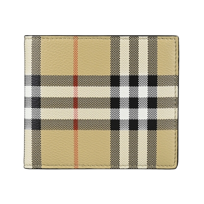 BURBERRY 巴寶莉 燙銀LOGO格紋PVC 8卡對折短夾(典藏米x黑)