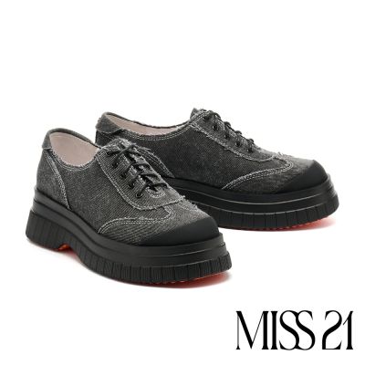 厚底鞋 MISS 21 復古小帥氣丹寧帆布拼接綁帶厚底鞋-黑