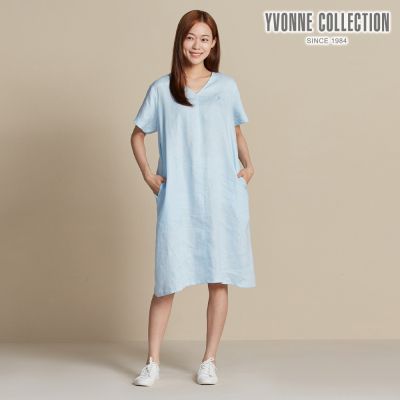 YVONNE 以旺傢飾 亞麻素面短袖洋裝-淺藍