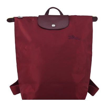 LONGCHAMP LE PLIAGE GREEN系列刺繡再生尼龍摺疊後背包(中/紅石榴)