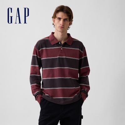 【GAP】寬鬆版PK布Polo衫-酒紅條紋(907249)