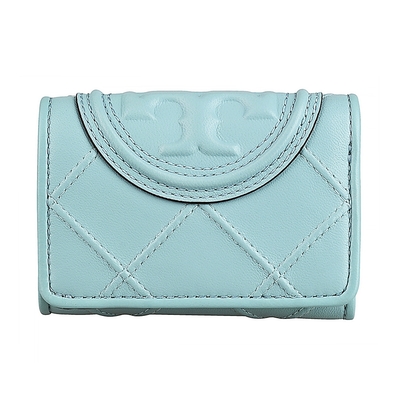 TORY BURCH Fleming雙T大圓標LOGO納帕小牛皮菱形紋設計3卡按釦三折短夾(小/薄霧藍綠)