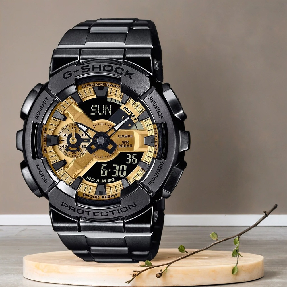 CASIO 卡西歐 G-SHOCK 工業風大錶殼金屬雙顯手錶 開學換新季 送禮推薦-黑x金 GM-110BD-1A9