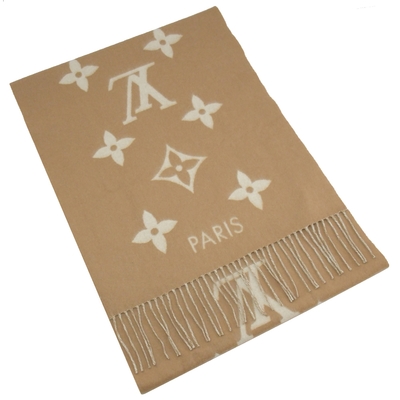 LOUIS VUITTON路易威登 LV M76067 REYKJAVIK 經典LOGO Cashmere長圍巾(奶茶棕)