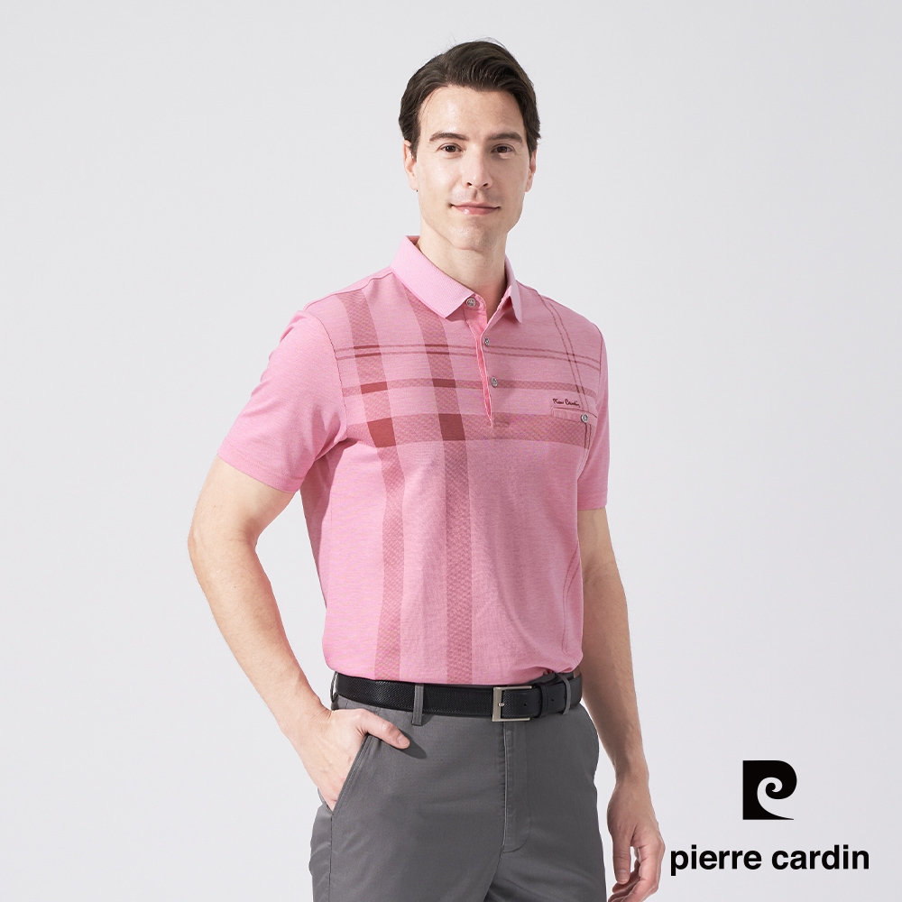 pierre cardin 皮爾卡登 男款 胸前大定位格印花短袖POLO衫-粉色(5247260-75)