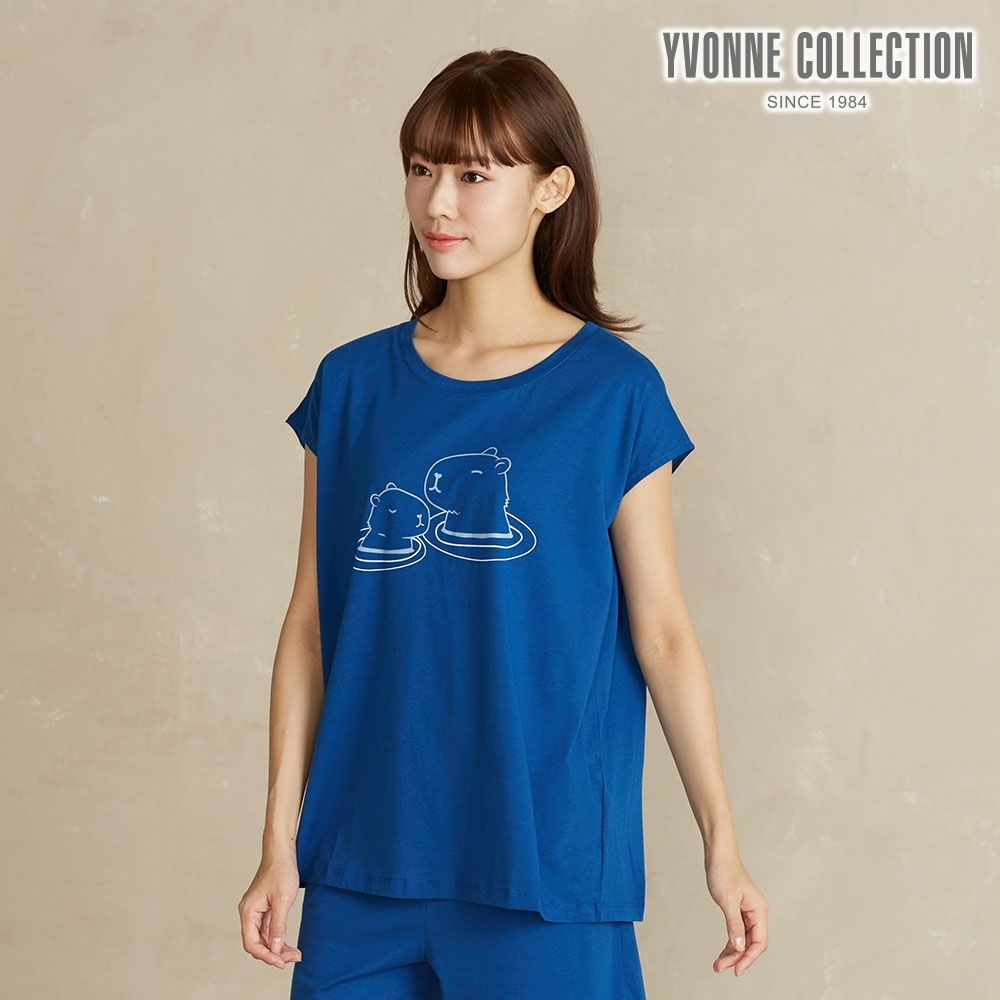 YVONNE 以旺傢飾【薄荷紗】網路限定 | 水豚網印短袖上衣-深藍