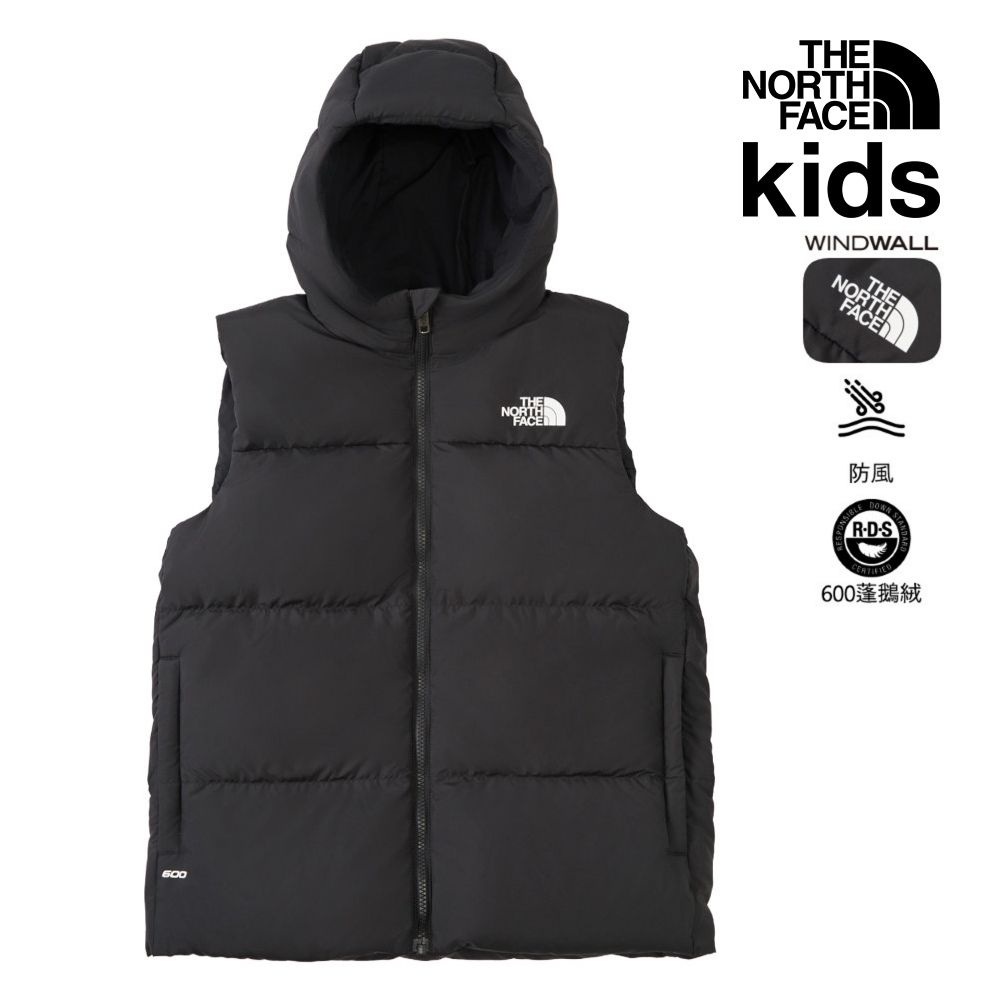 【The North Face 官方旗艦】 北面兒童黑色DWR防潑水羽絨背心｜8DN1JK3 600蓬鬆度
