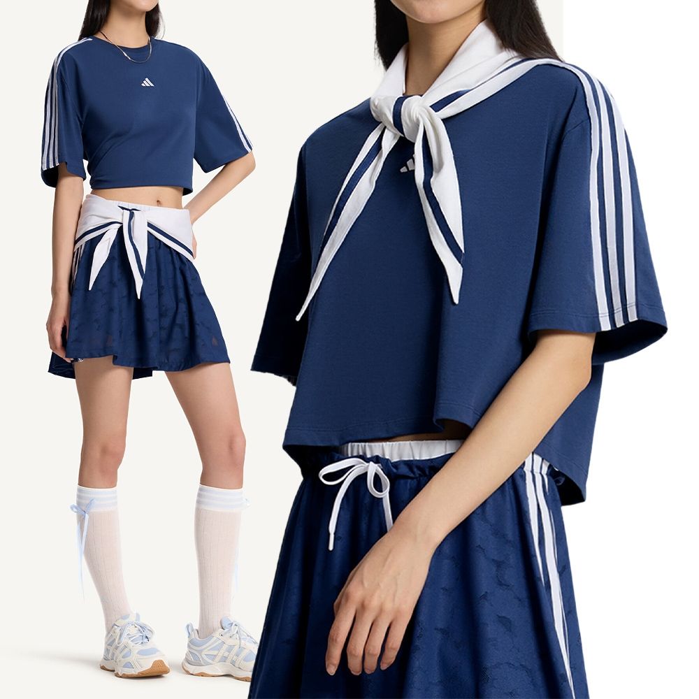 Adidas Dce Box Tee 女款 藍白色 寬鬆 海軍風 領巾 休閒 短袖 KY7755