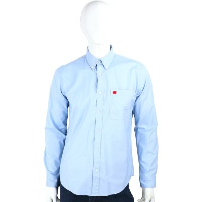 HUGO BOSS 刺繡補丁淺藍色純棉長袖襯衫(男款)