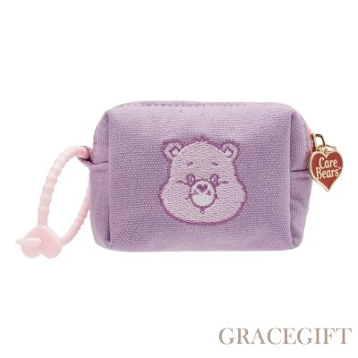 【Grace Gift】Care Bears-分享小熊電繡格紋吊飾零錢包 紫