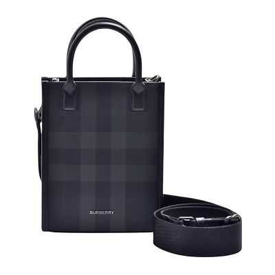 BURBERRY 經典Mini Tote帆布牛皮黑灰格紋手提/斜背包(黑灰色)