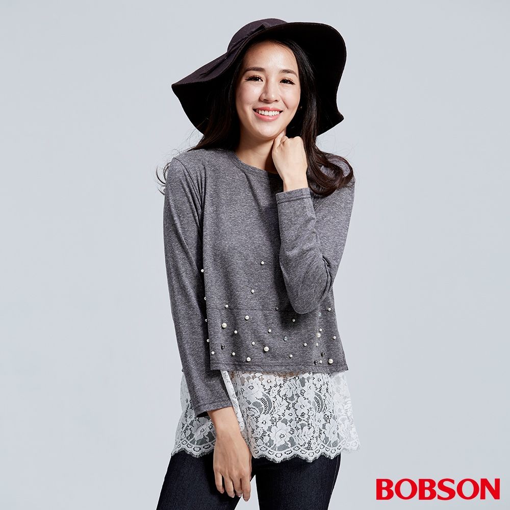 【BOBSON】女款珠珠蕾絲寬版上衣(36083-86)