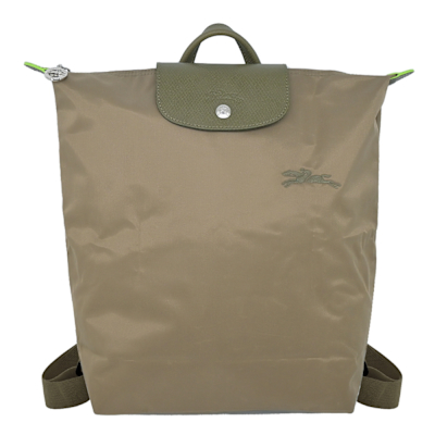 LONGCHAMP LE PLIAGE GREEN系列刺繡再生尼龍摺疊後背包(中/朝鮮薊綠)