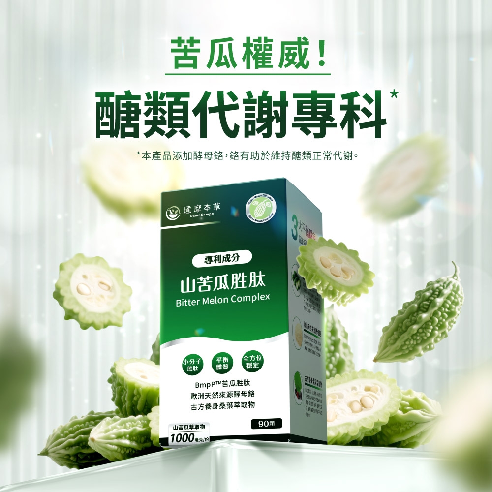 苦瓜權威!醣類代謝專科本產品添加酵母有助於維持醣類正常代謝。*達摩本草專利成山苦瓜胜肽Bitter Melon Complex小分子 平衡 全方位胜肽體質BmpPT苦瓜胜肽穩定」歐洲天然來源酵母古方養身桑葉萃取物山苦瓜萃取物100毫克分090顆