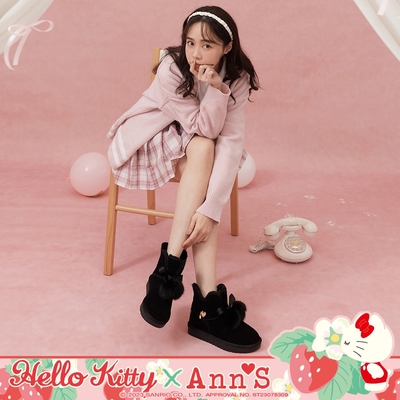Ann’S X Sanrio三麗鷗 HELLO KITTY聯名 顯腳小 皮標球球蝴蝶結V口顯瘦低筒真皮雪靴3cm-黑