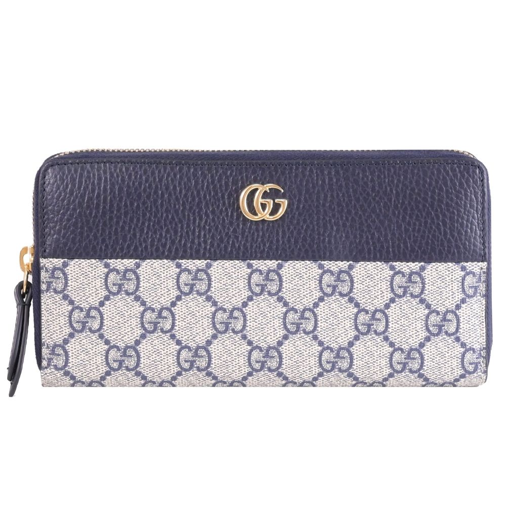 GUCCI GG MARMONT 品牌經典印花拼接牛皮ㄇ字拉鍊長夾(深藍/駝)
