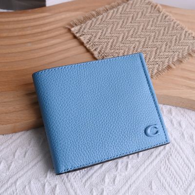 COACH 簡約LOGO荔枝皮革對開式8卡短夾(藍色)