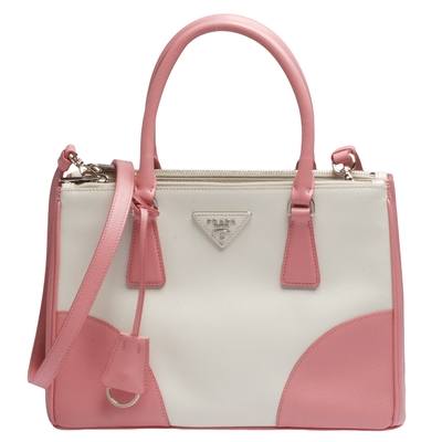 PRADA 普拉達 Saffiano Lux三角浮雕LOGO拼色防刮牛皮手提/斜背包(白X粉紅)