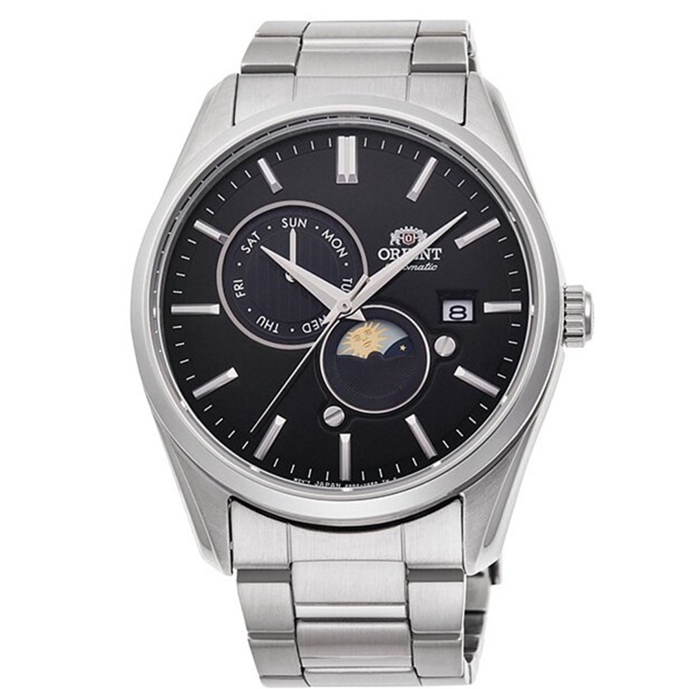 ORIENT 東方錶 官方授權 SUN&MOON系列 日月相鋼帶機械腕錶-黑色 男錶(RA-AK0307B)41.5mm