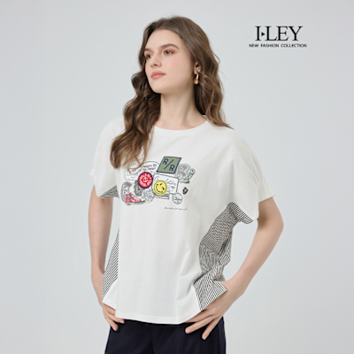 ILEY伊蕾 刺繡膠印拼接連肩純棉上衣(白；M-XL)