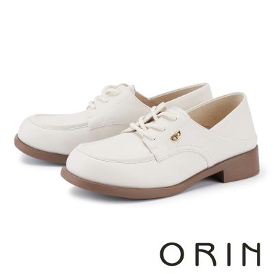 ORIN 真皮簡約素面低跟綁帶牛津鞋 米色