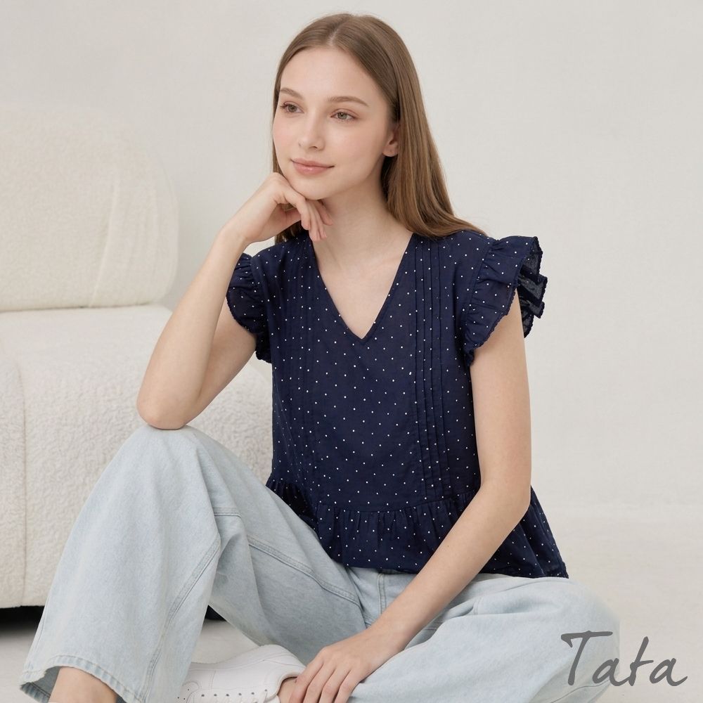 TATA 點點印花V領蕾絲下擺無袖上衣-F
