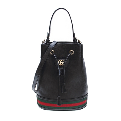 【GUCCI 古馳】719884 經典Ophidia帆布印花織帶皮革飾邊束口手提/斜背水桶兩用包(黑色)