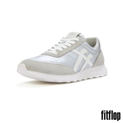 【FitFlop】RETRO-Q FF 金屬色布料/麂皮休閒鞋-女(銀色/都會白)