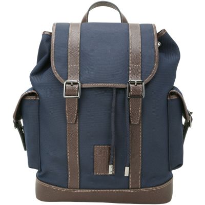 LONGCHAMP Boxford 壓紋牛皮拼帆布雙釦帶後背包(深藍色)