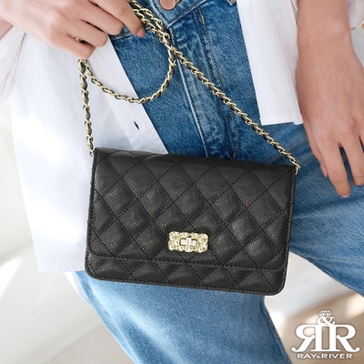2R 魚子醬牛皮WOC菱格潮流斜背長夾包 燦星黑