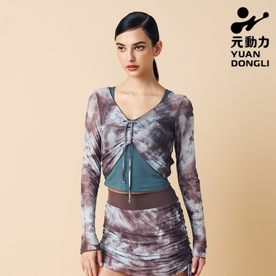 元動力 渲染網紗抽繩彈力短版上衣(淺紅；S-L)