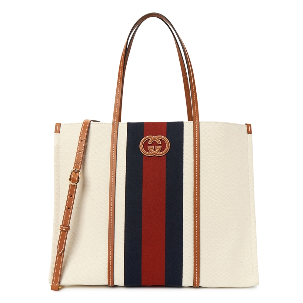 【GUCCI 古馳】727701 經典Interlocking G系列雙色織帶手提斜背媽媽包大托特包(米色)